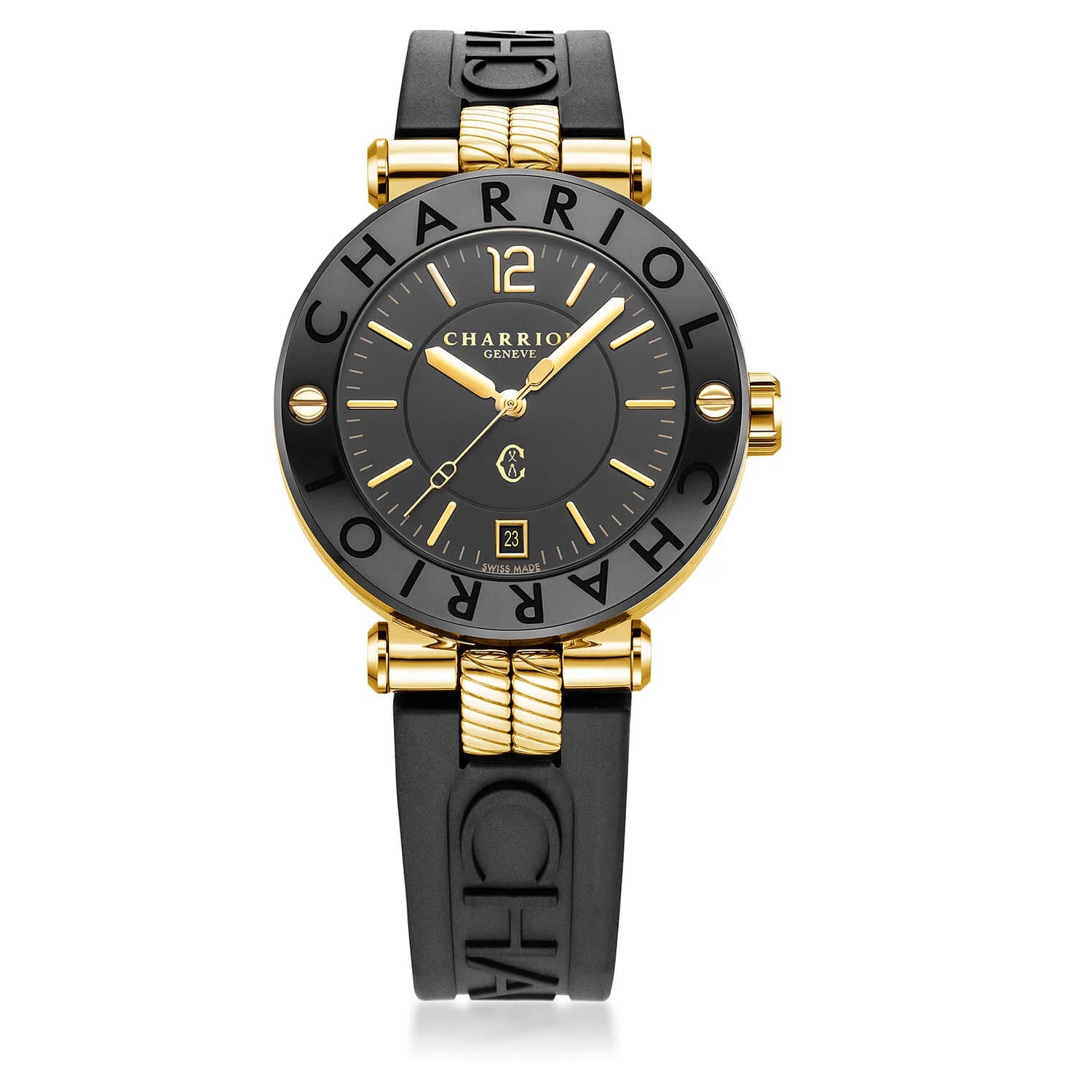 NAVIGATOR CRUISE41MM, CALIBRE QUARTZ, NOIR AVEC CADRAN JAUNE 2 ARABIC ET 9 INDEX, PVD NOIR ACIER "CHARRIOL CHARRIOL " AVEC BAGUE 2 VIS, BRACELET INTERCHANGEABLE CAOUTCHOUC NOIR - © 2024 Charriol - Montres