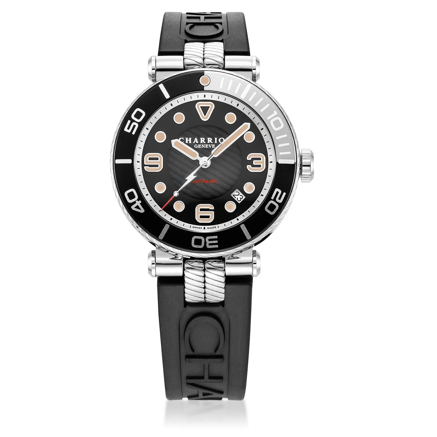 NAVIGATOR SURF, 41MM, CALIBRE AUTOMATIQUE, CADRAN LUMINOVA NOIR ET ARGENT, BAGUE UNIDIRECTIONNELLE NOIR ET ARGENT, BRACELET INTERCHANGEABLE EN CAOUTCHOUC NOIR - © 2024 Charriol - Montre