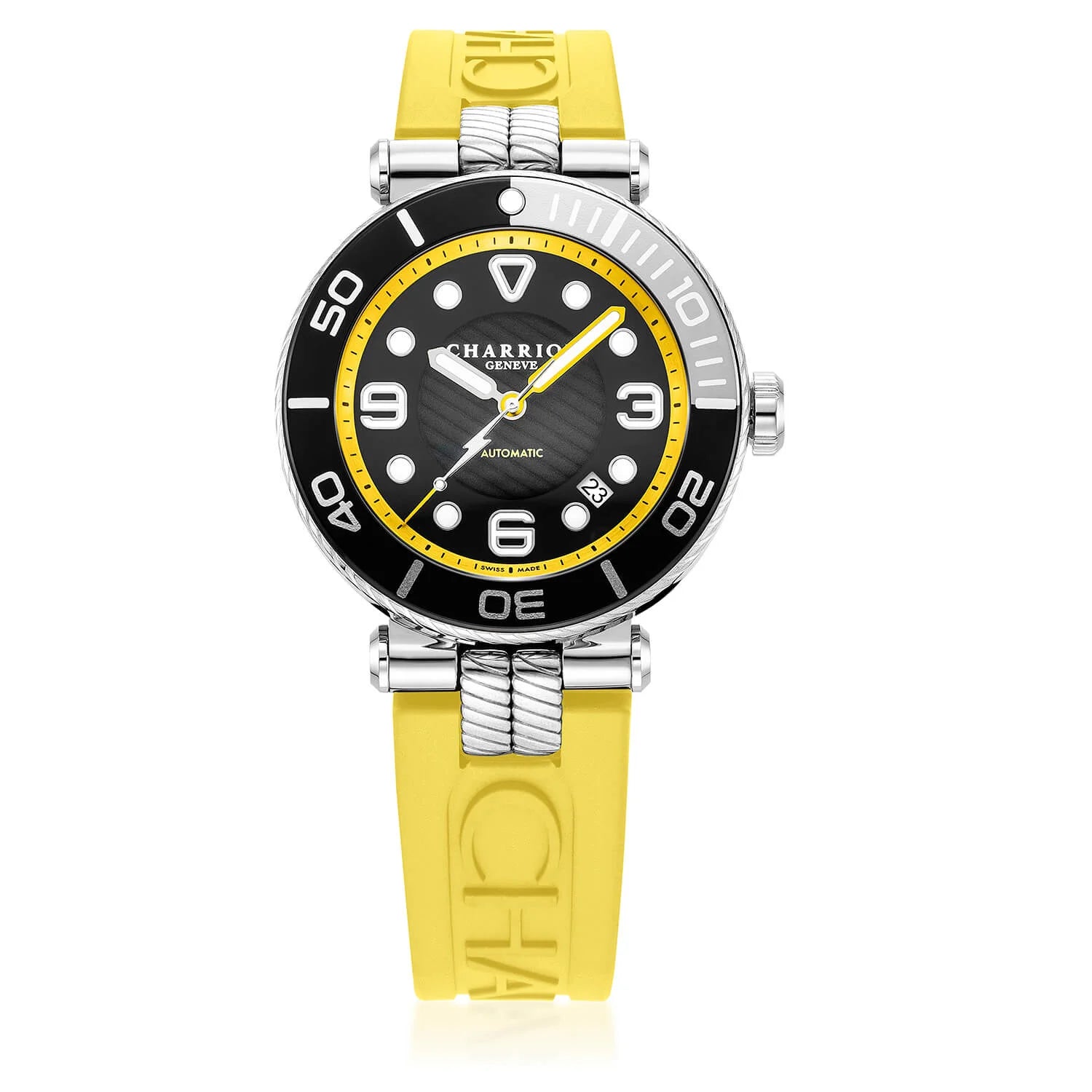 NAVIGATOR SURF, 41MM, CALIBRE AUTOMATIQUE, CADRAN LUMINOVA NOIR ET JAUNE, BAGUE NOIRE ET ARGENT, BRACELET INTERCHANGEABLE EN CAOUTCHOUC JAUNE - © 2024 Charriol - Montre