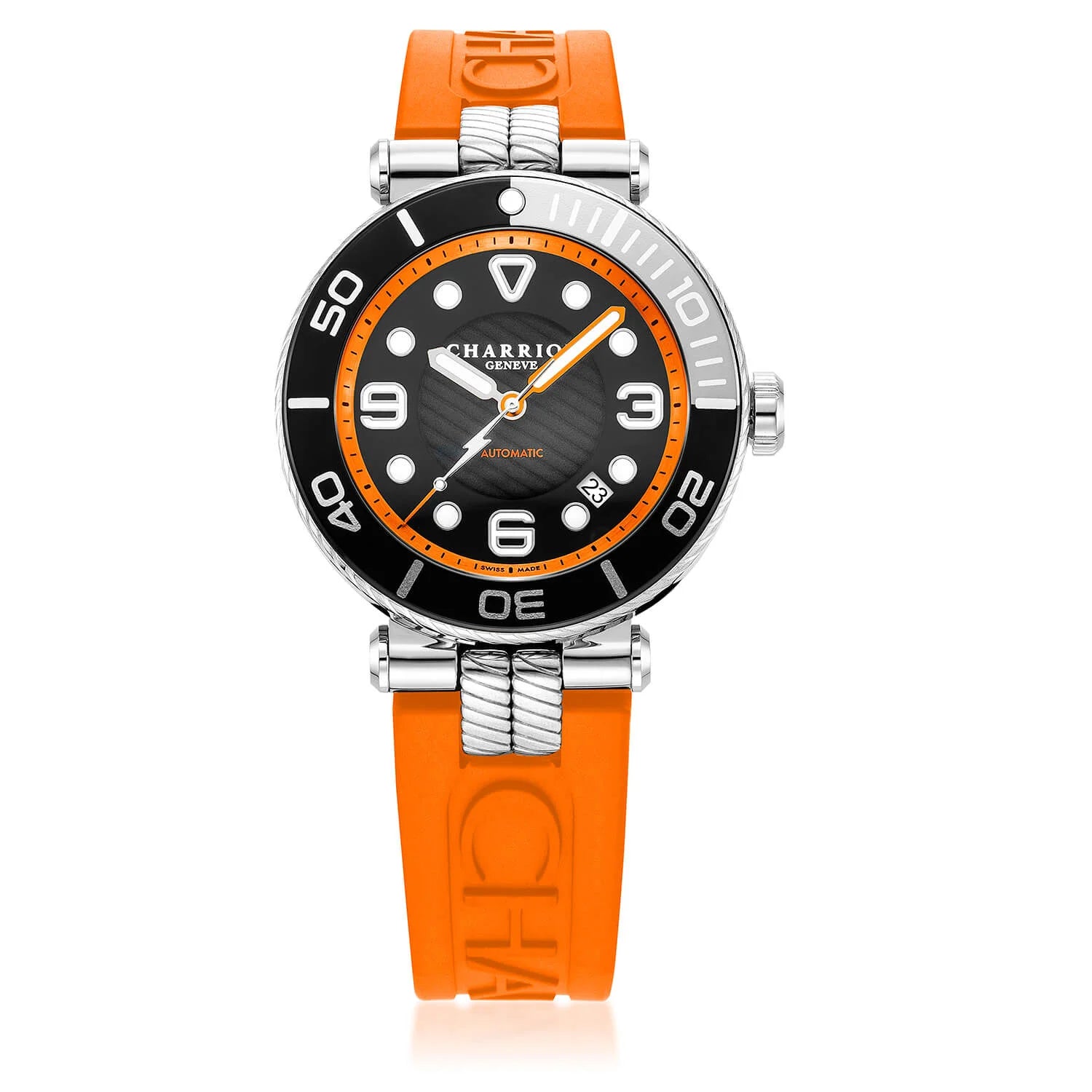 NAVIGATOR SURF, 41MM, CALIBRE AUTOMATIQUE, CADRAN LUMINOVA NOIR, BAGUE NOIRE ET ARGENT, BRACELET INTERCHANGEABLE EN CAOUTCHOUC ORANGE - © 2024 Charriol - Montre