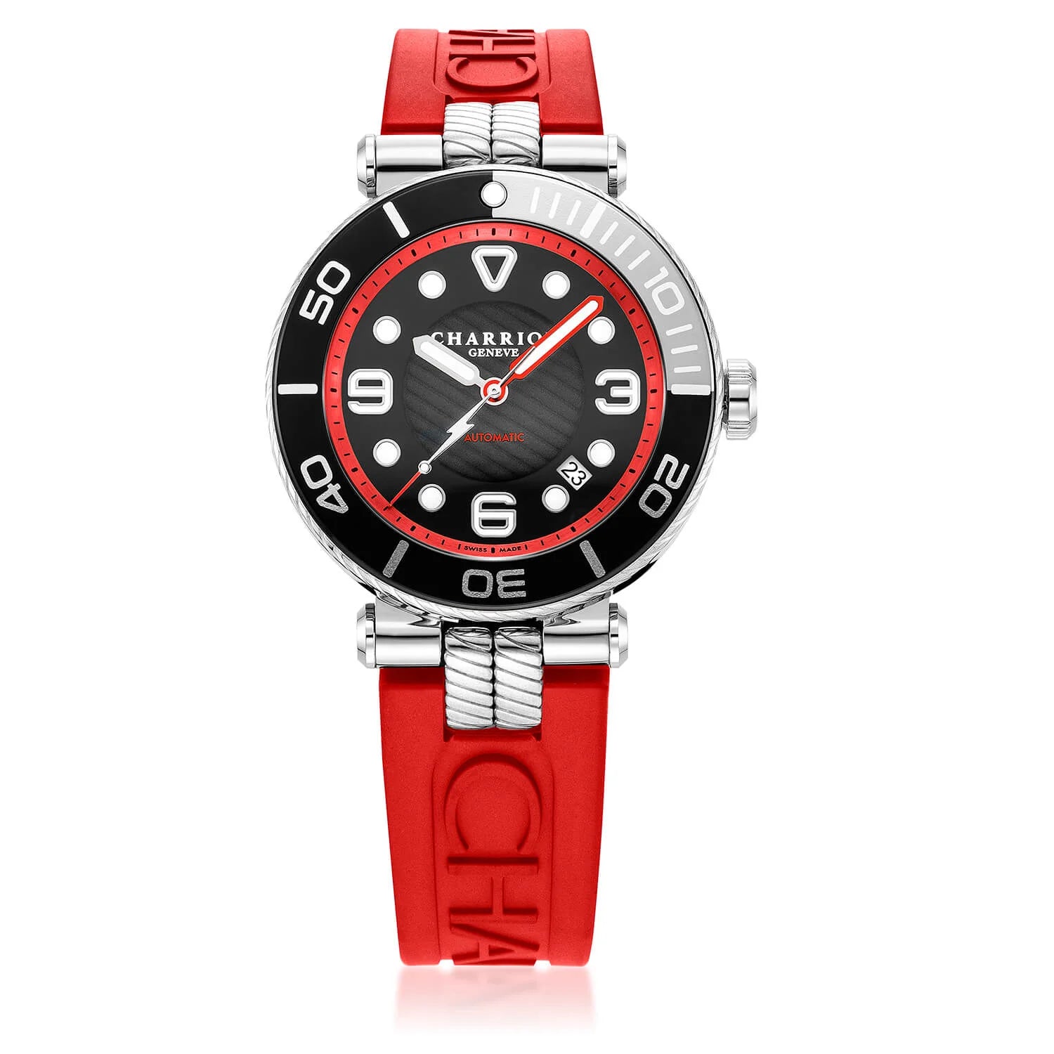 NAVIGATOR SURF, 41MM, CALIBRE AUTOMATIQUE, CADRAN LUMINOVA NOIR, BAGUE NOIRE ET ARGENT, BRACELET INTERCHANGEABLE EN CAOUTCHOUC ROUGE - © 2024 Charriol - Montre