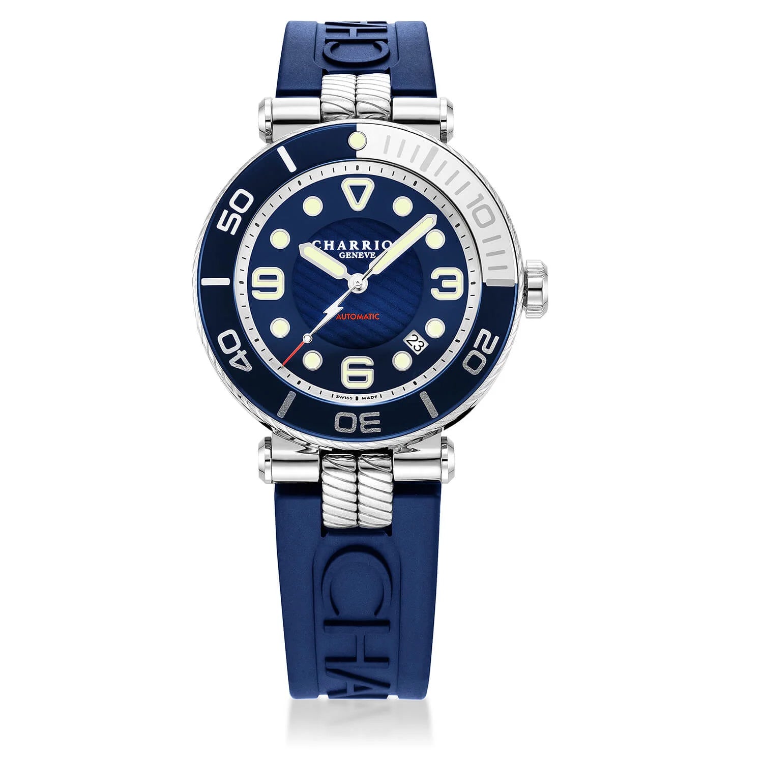 NAVIGATOR SURF, 41MM, CALIBRE AUTOMATIQUE, CADRAN LUMINOVA NOIR, BEZEL BLEU ET ARGENT, BRACELET INTERCHANGEABLE EN CAOUTCHOUC BLEU - © 2024 Charriol - Montre