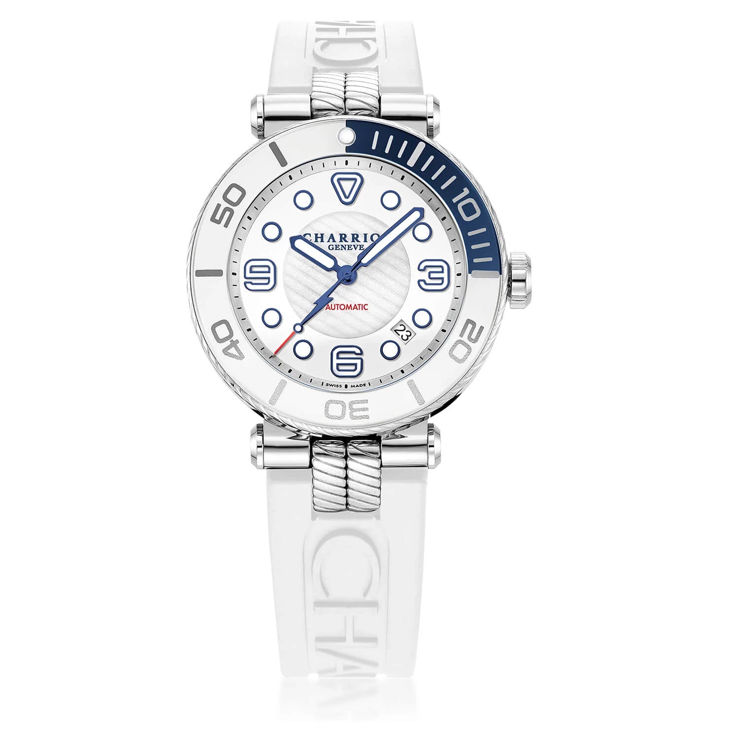 NAVIGATOR SURF, 41MM, CALIBRE AUTOMATIQUE, CADRAN LUMINOVA BLANC, BAGUE BLEUE ET BLANCHE, BRACELET INTERCHANGEABLE EN CAOUTCHOUC BLANC - © 2024 Charriol - Montre