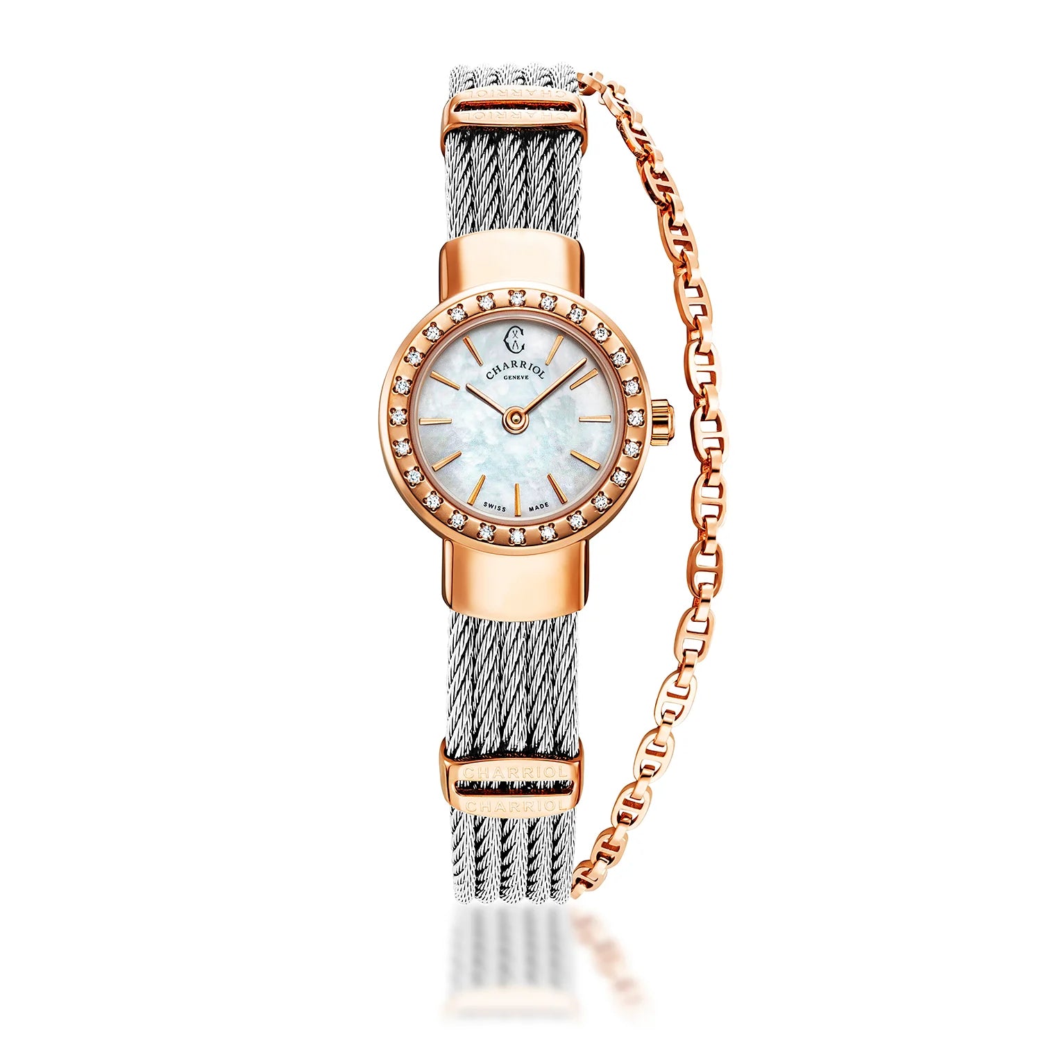 ST TROPEZ20MM, CALIBRE QUARTZ, CADRAN NACRE, PVD OR ROSE ACIER AVEC 24 DIAMANTS, BRACELET CABLE ACIER - Charriol Geneve - Montres