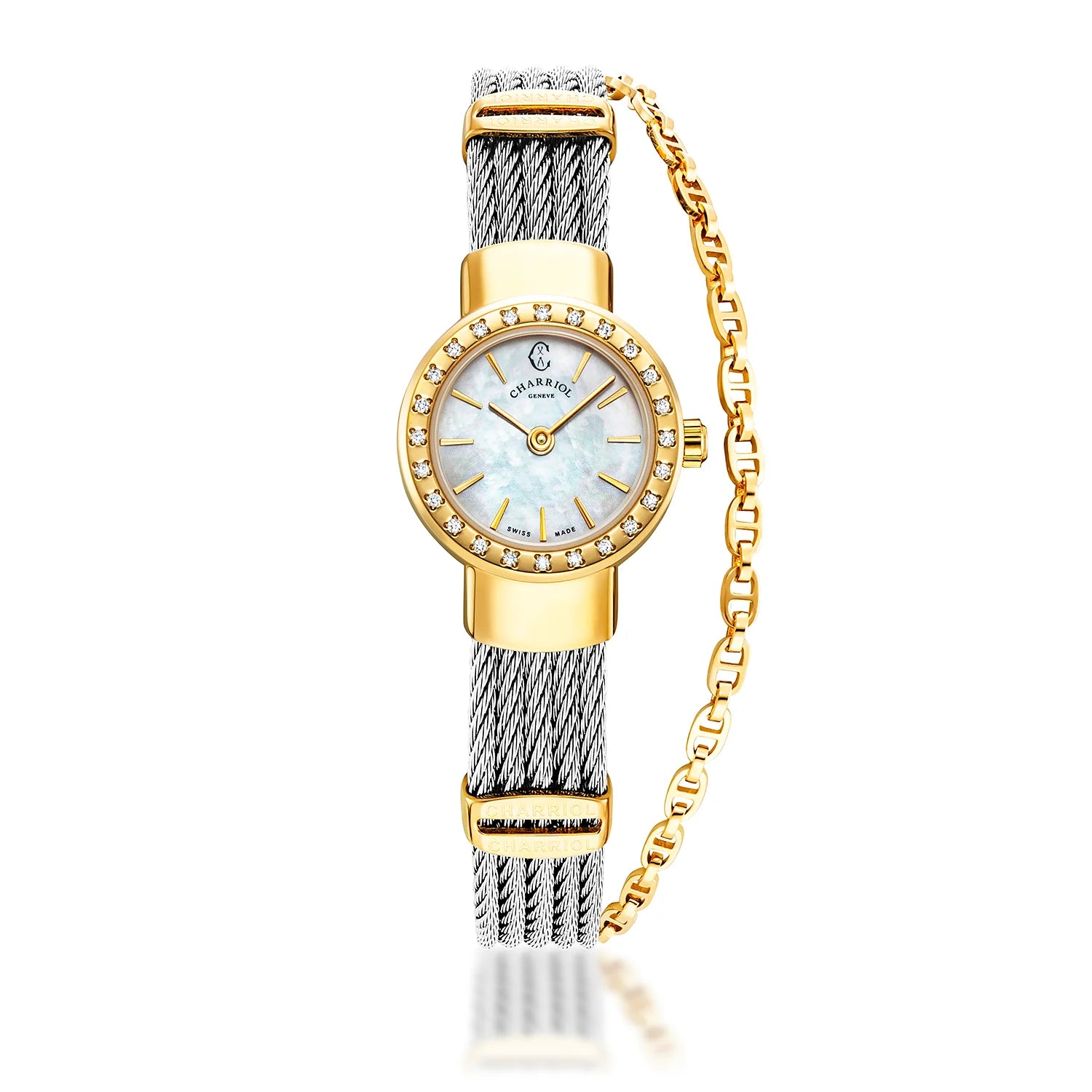 ST TROPEZ20MM, CALIBRE QUARTZ, CADRAN NACRE, PVD OR JAUNE AVEC 24 DIAMANTS, BRACELET CABLE ACIER - Charriol Geneve - Montres