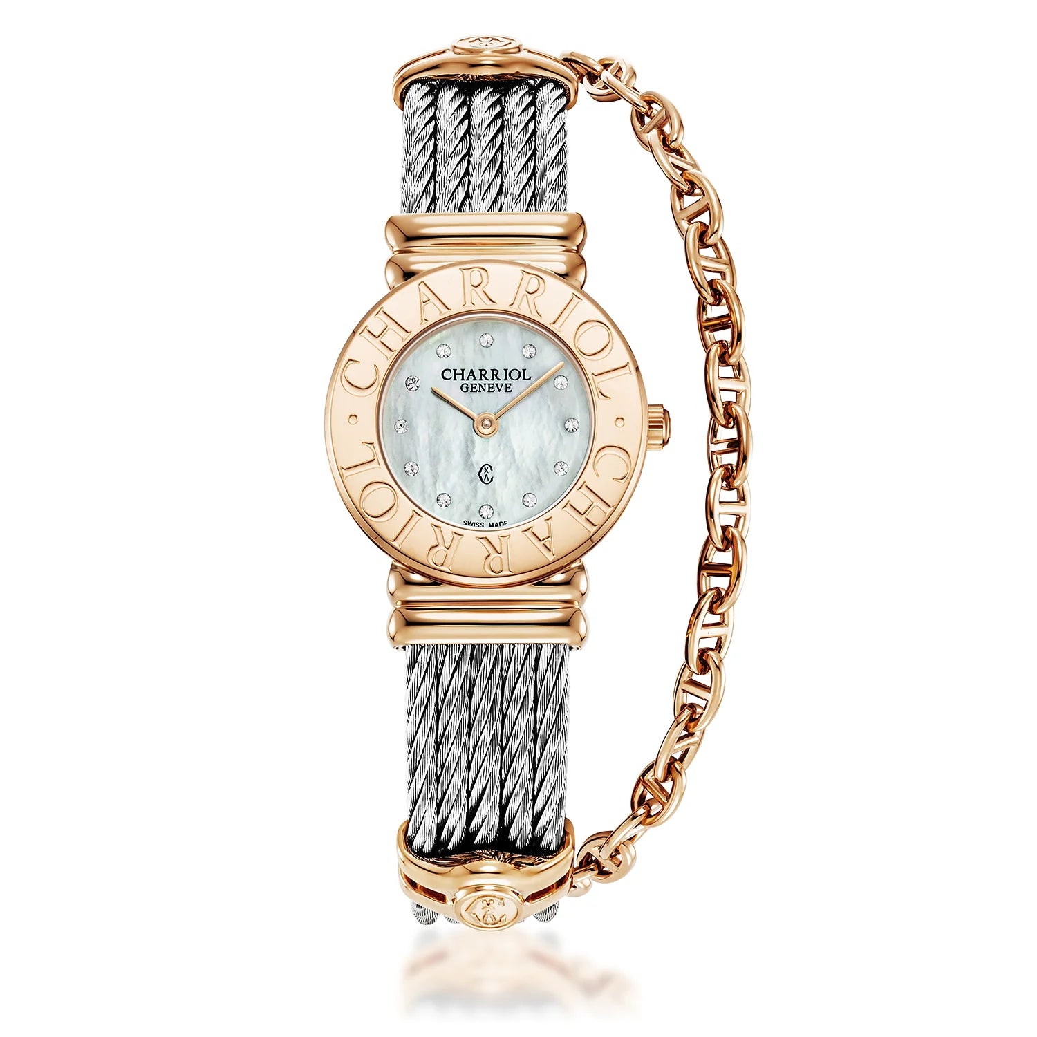 St Tropez Montre Icon 24,5 mm PVD or rose, câble acier, lunette Charriol et 12 diamants cadran MOP blanc - Charriol Geneve - Montre