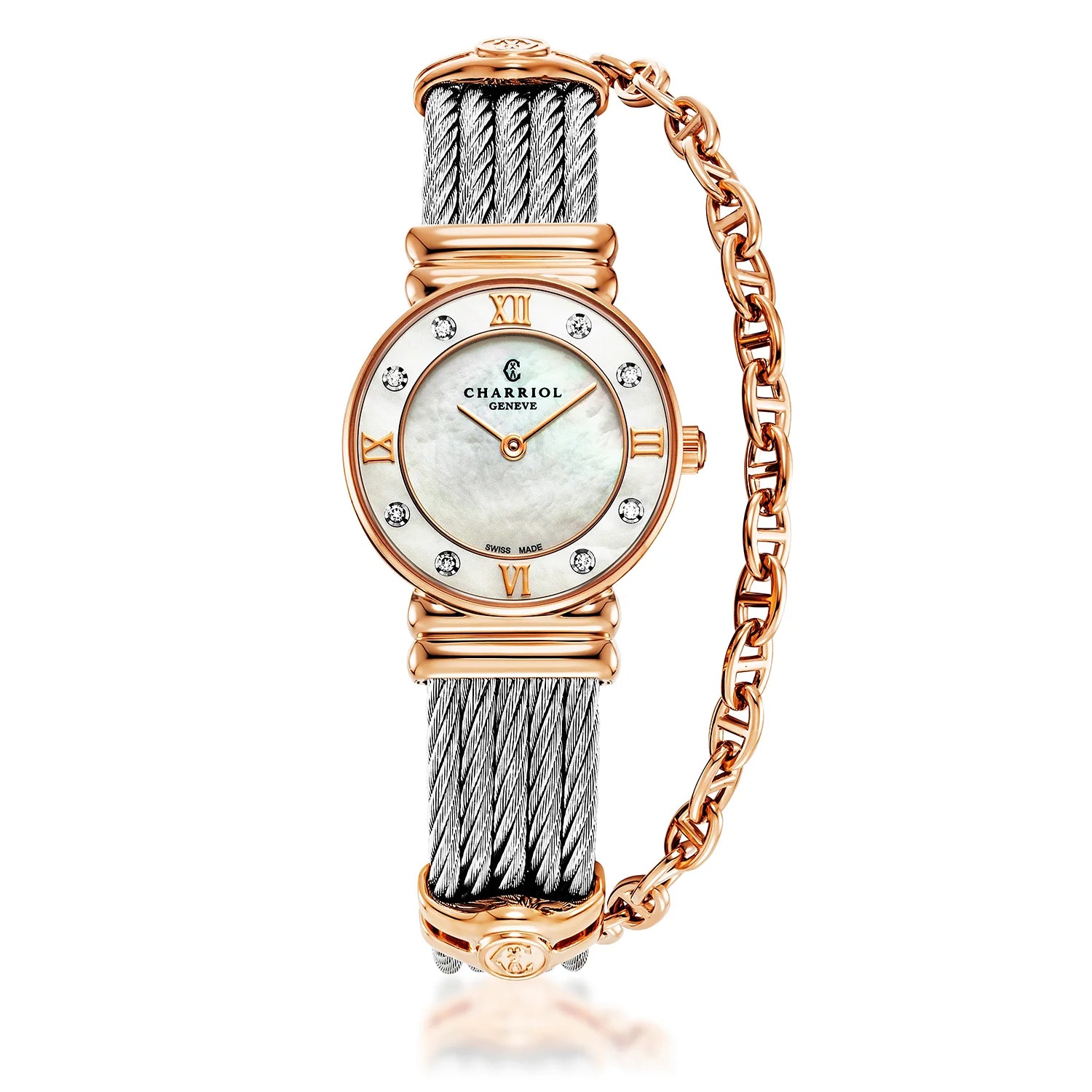 St Tropez Montre Icon 24,5 mm PVD rose, câble acier, lunette 8 diamants et cadran MOP blanc - Charriol Geneve - Montres