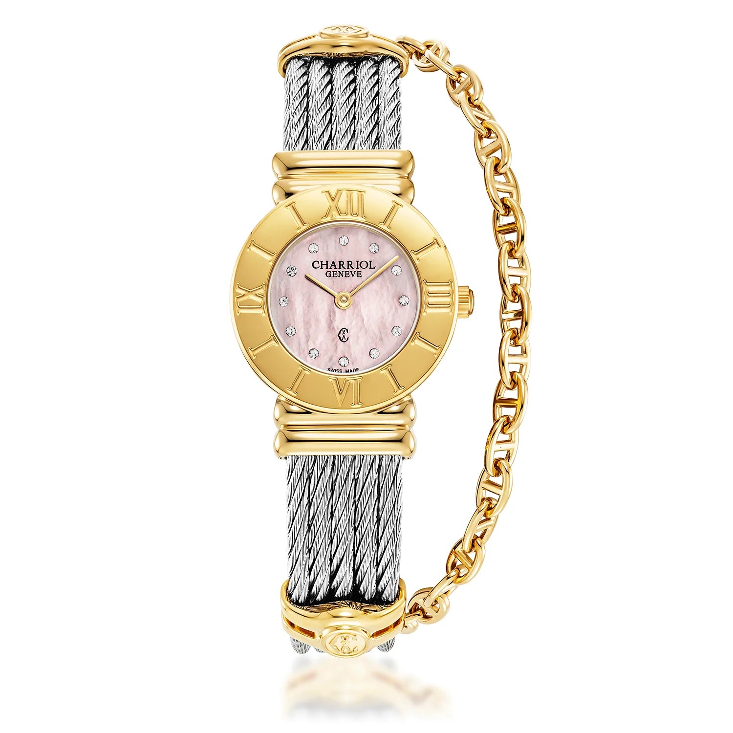 St Tropez Montre Icon 24,5 mm Or jaune, câble acier, lunette chiffres romains et 12 diamants Cadran MOP rose - Charriol Geneve - Montres