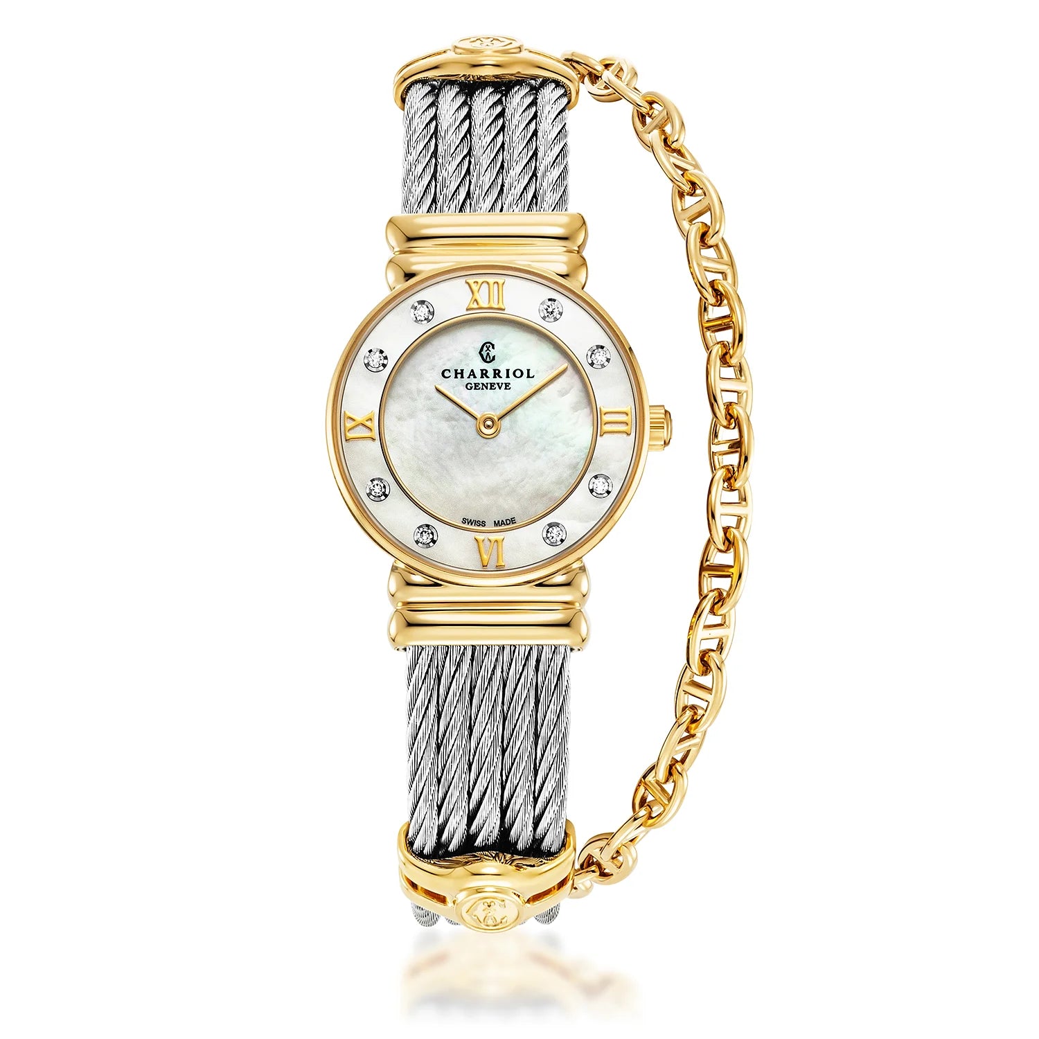 St Tropez Montre Icon 24,5 mm PVD or jaune, câble acier, lunette 8 diamants et cadran MOP blanc - Charriol Geneve - Montres