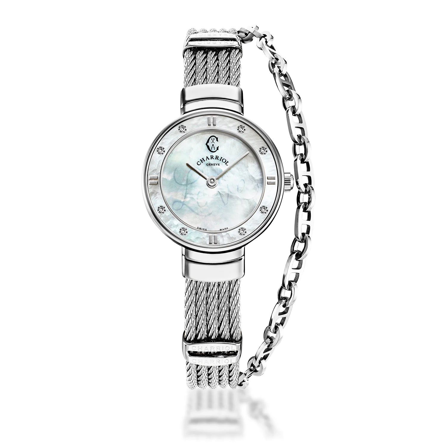 ST TROPEZ, 25MM, CALIBRE QUARTZ, NACRE BLANCHE AVEC CADRAN LUMINESCENT "LOVE", NACRE BLANCHE AVEC 8 DIAMANTS, BRACELET CABLE ACIER - Charriol Geneve - Montres