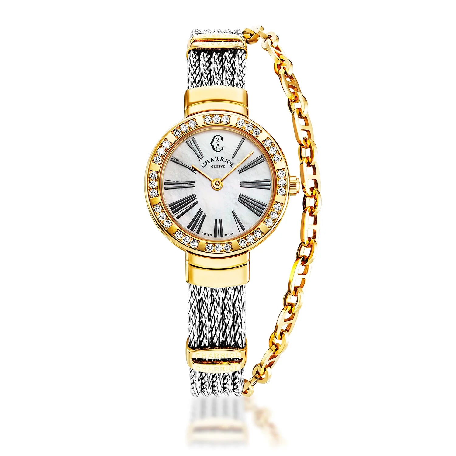 ST TROPEZ25MM, CALIBRE QUARTZ, CADRAN NACRE, PVD OR JAUNE AVEC 36 DIAMANTS, BRACELET CABLE ACIER - Charriol Geneve - Montres