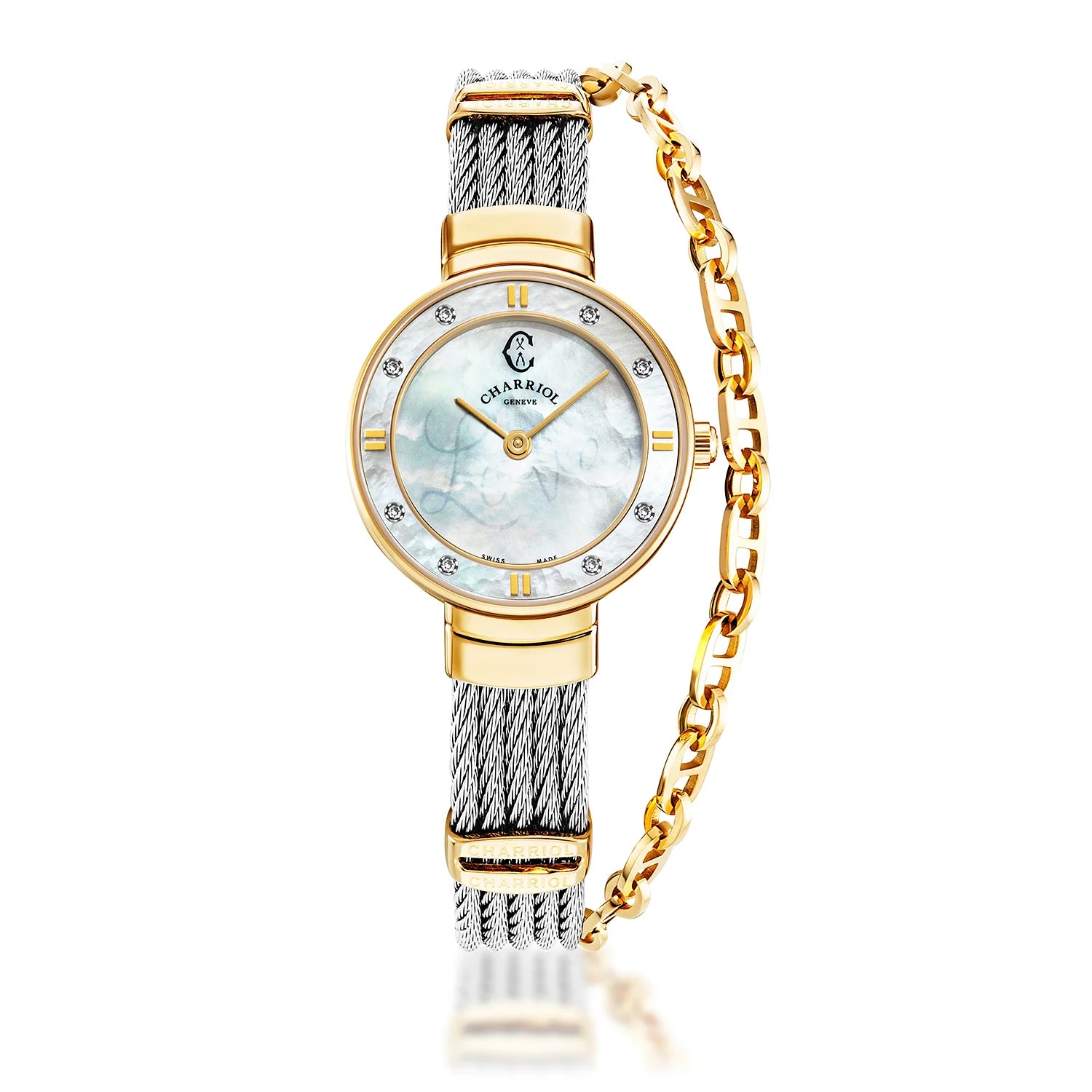 ST TROPEZ, 25MM, CALIBRE QUARTZ, NACRE BLANCHE AVEC CADRAN LUMINESCENT "LOVE", NACRE BLANCHE AVEC 8 DIAMANTS, BRACELET CABLE ACIER - Charriol Geneve - Montres