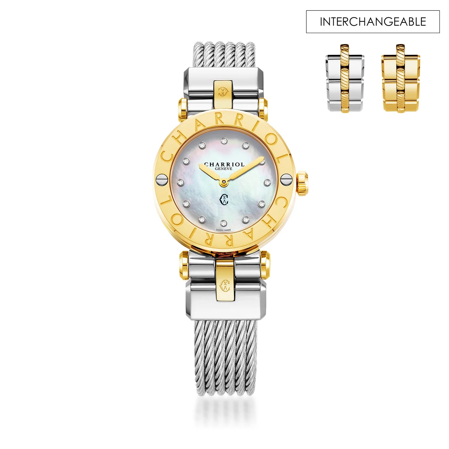 NAVIGATOR CRUISE28MM, CALIBRE QUARTZ, NACRE AVEC CADRAN DE 12 DIAMANTS, BEZEL "CHARRIOL CHARRIOL ", BRACELET INTERCHANGEABLE CABLE ACIER - Charriol Geneve - Montres