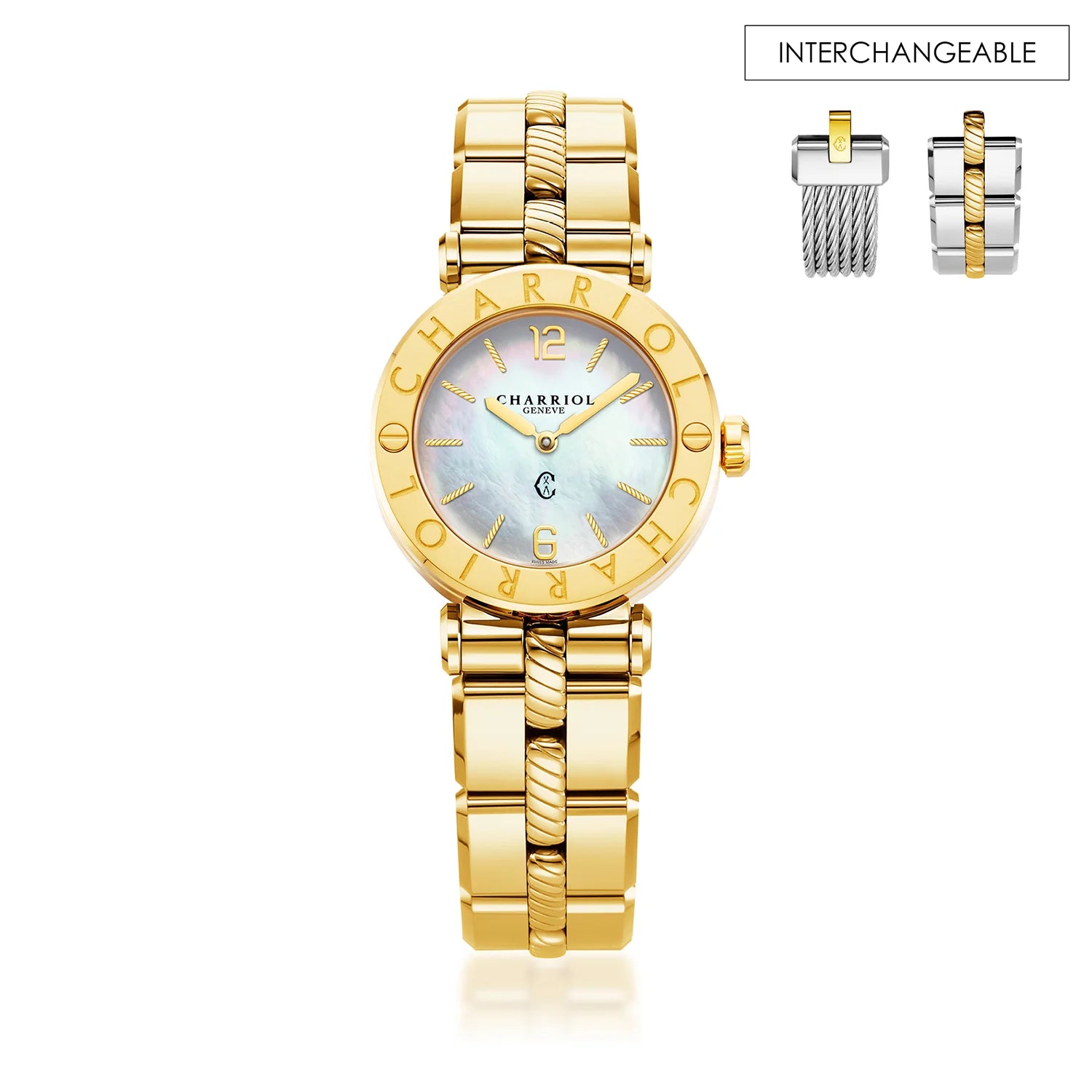 St Tropez Cruise Montre or blanc et jauneSt Tropez Cruise Montre 28mm Bracelet or jaune, lunette or jaune & 2 vis et cadran MOP blanc - Charriol Geneve - Montre