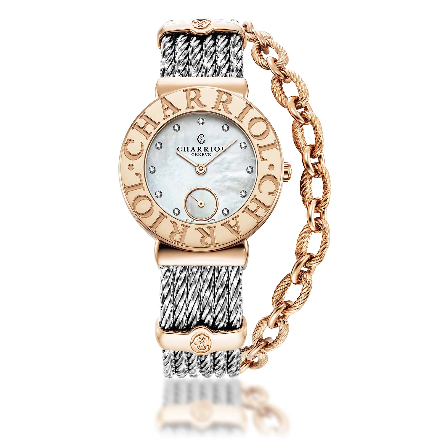 ST TROPEZ ICON, 30MM, CALIBRE QUARTZ, NACRE AVEC 11 DIAMANTS, "CHARRIOL CHARRIOL " BEZEL, BRACELET CABLE ACIER - Charriol Geneve - Montres