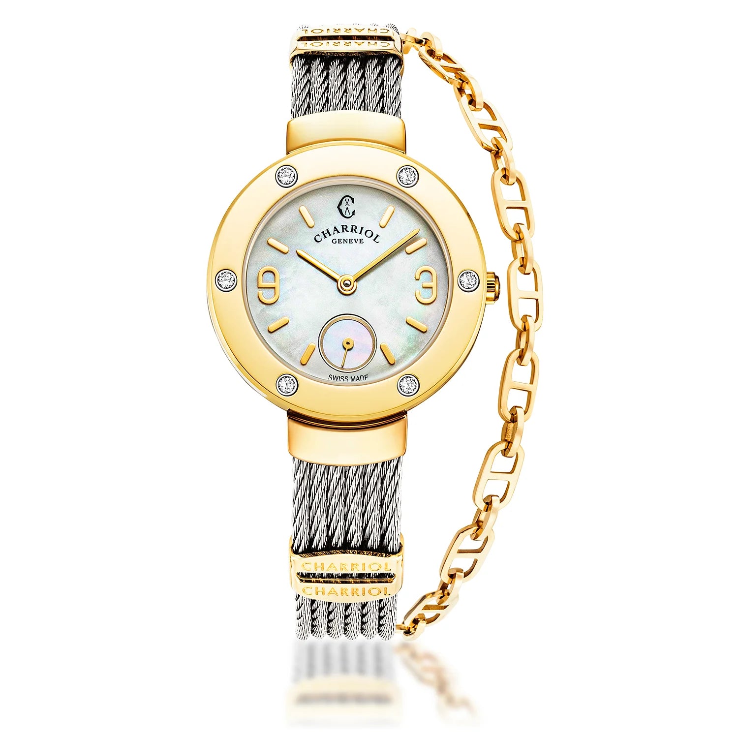 ST TROPEZ30MM, CALIBRE QUARTZ, CADRAN NACRE, PVD OR JAUNE AVEC 6 DIAMANTS, BRACELET CABLE ACIER - Charriol Geneve - Montres