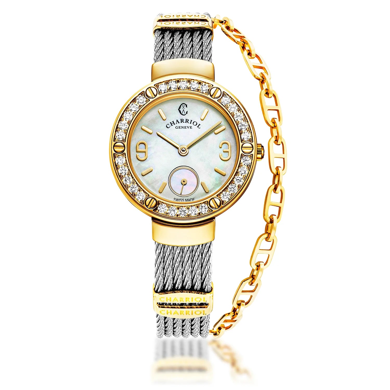 ST TROPEZBracelet en acier, 30 mm, calibre quartz, cadran en nacre, zircon en or jaune avec 30 diamants, bracelet en acier - Charriol Geneve - Montres