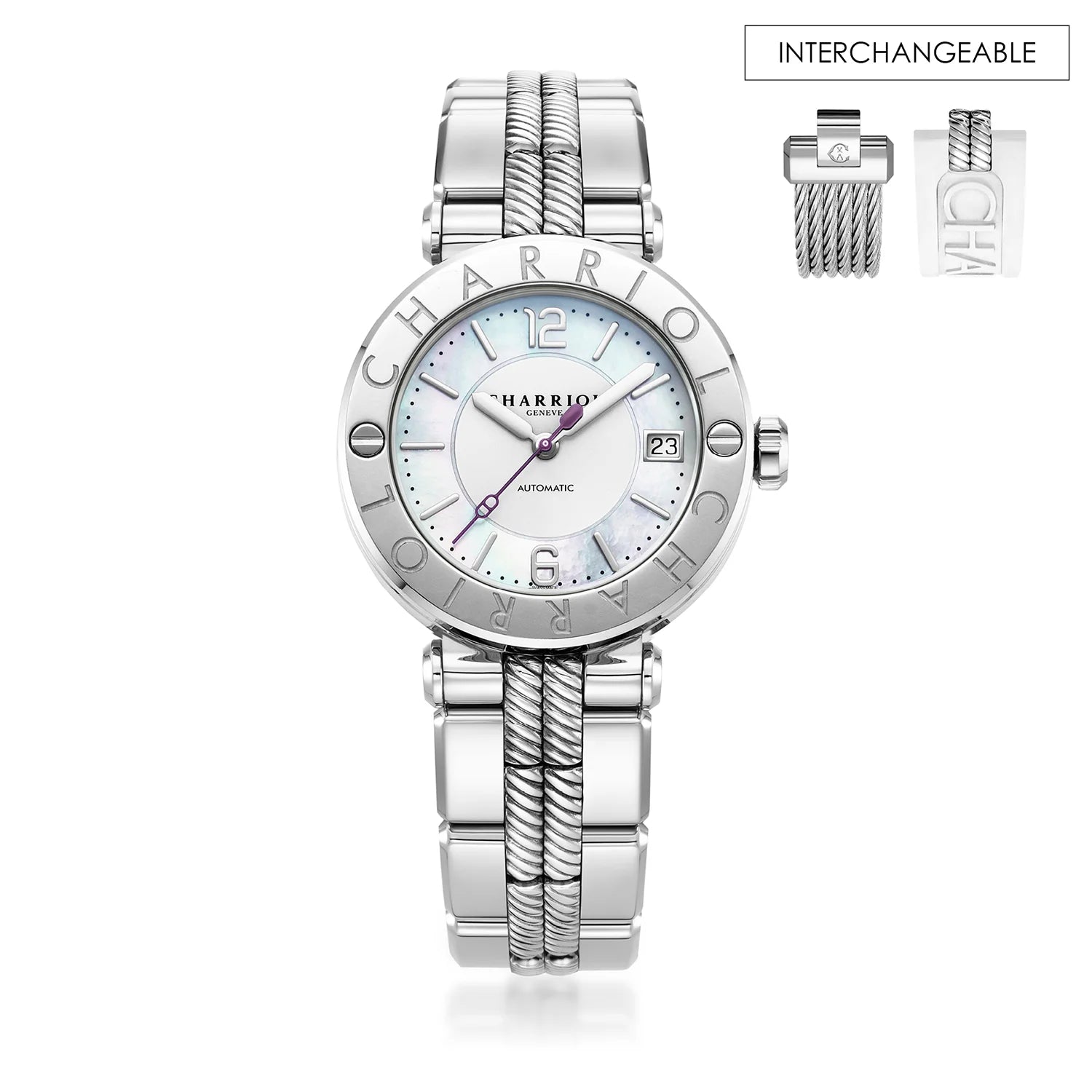 St Tropez Cruise Montre automatique 36mm Bracelet gris clair, lunette gris clair & 2 vis et cadran MOP blanc - Charriol Geneve - Montre