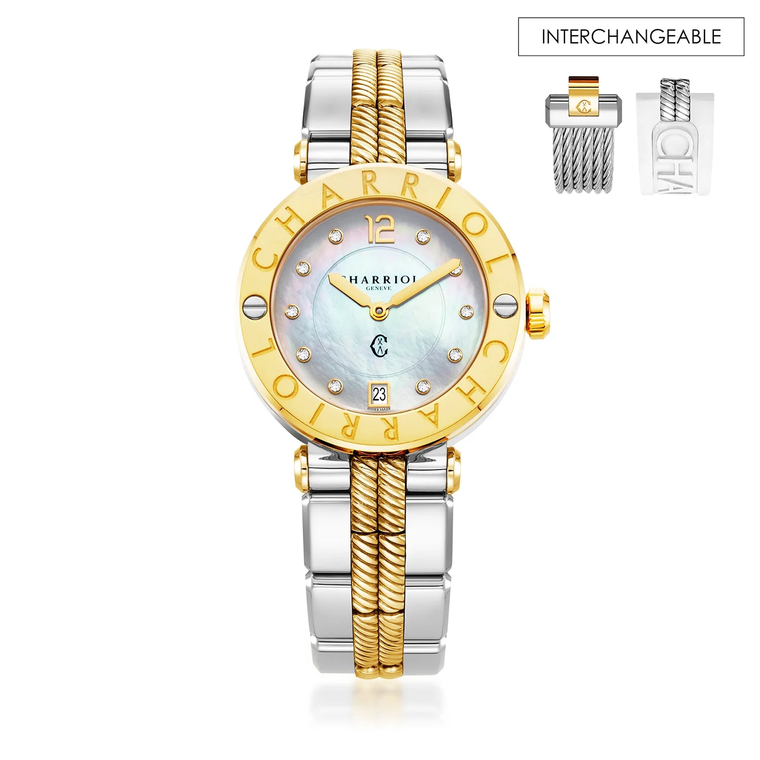 NAVIGATOR CRUISE36MM, CALIBRE QUARTZ, NACRE AVEC DIAMANT 10, BAGUE "CHARRIOL CHARRIOL ", BRACELET INTERCHANGEABLE BICOLORE - Charriol Geneve - Montres