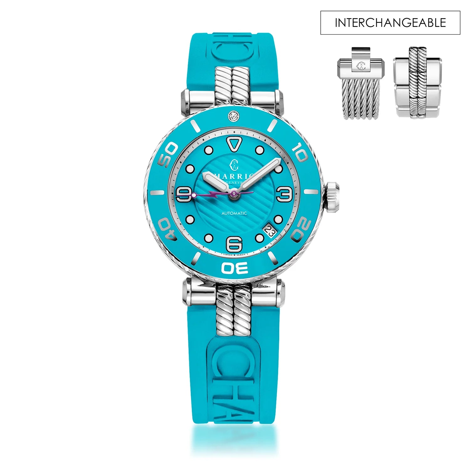 NAVIGATOR SURF, 36MM, CALIBRE AUTOMATIQUE, CADRAN TURQUOISE, BAGUE TURQUOISE, BRACELET INTERCHANGEABLE EN CAOUTCHOUC TURQUOISE - Charriol Geneve - Montre