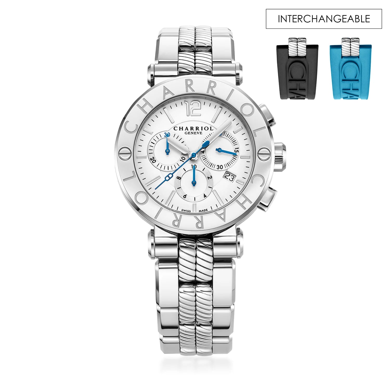 NAVIGATOR CRUISE41MM, CALIBRE CHRONOGRAPHIQUE QUARTZ, CADRAN BLANC, BEZEL "CHARRIOL CHARRIOL ", BRACELET INTERCHANGEABLE EN ACIER - Charriol Geneve - Montres