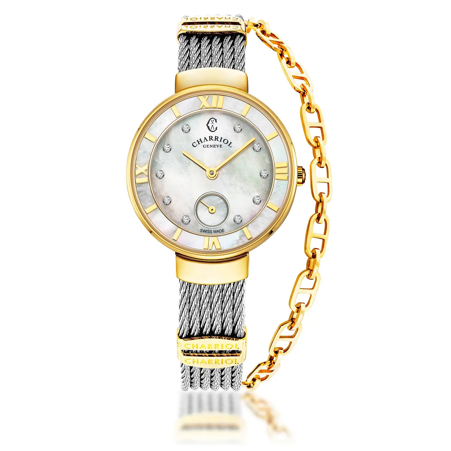 ST TROPEZ30MM, CALIBRE QUARTZ, NACRE AVEC DIAMANT 10 DIAMANTS, BEZEL NACRE, BRACELET CABLE ACIER - Charriol Geneve - Montres